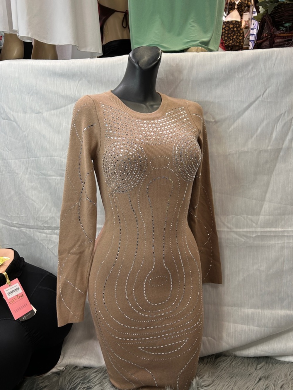 Tan Long-Sleeve Embellished Bodycon Dress